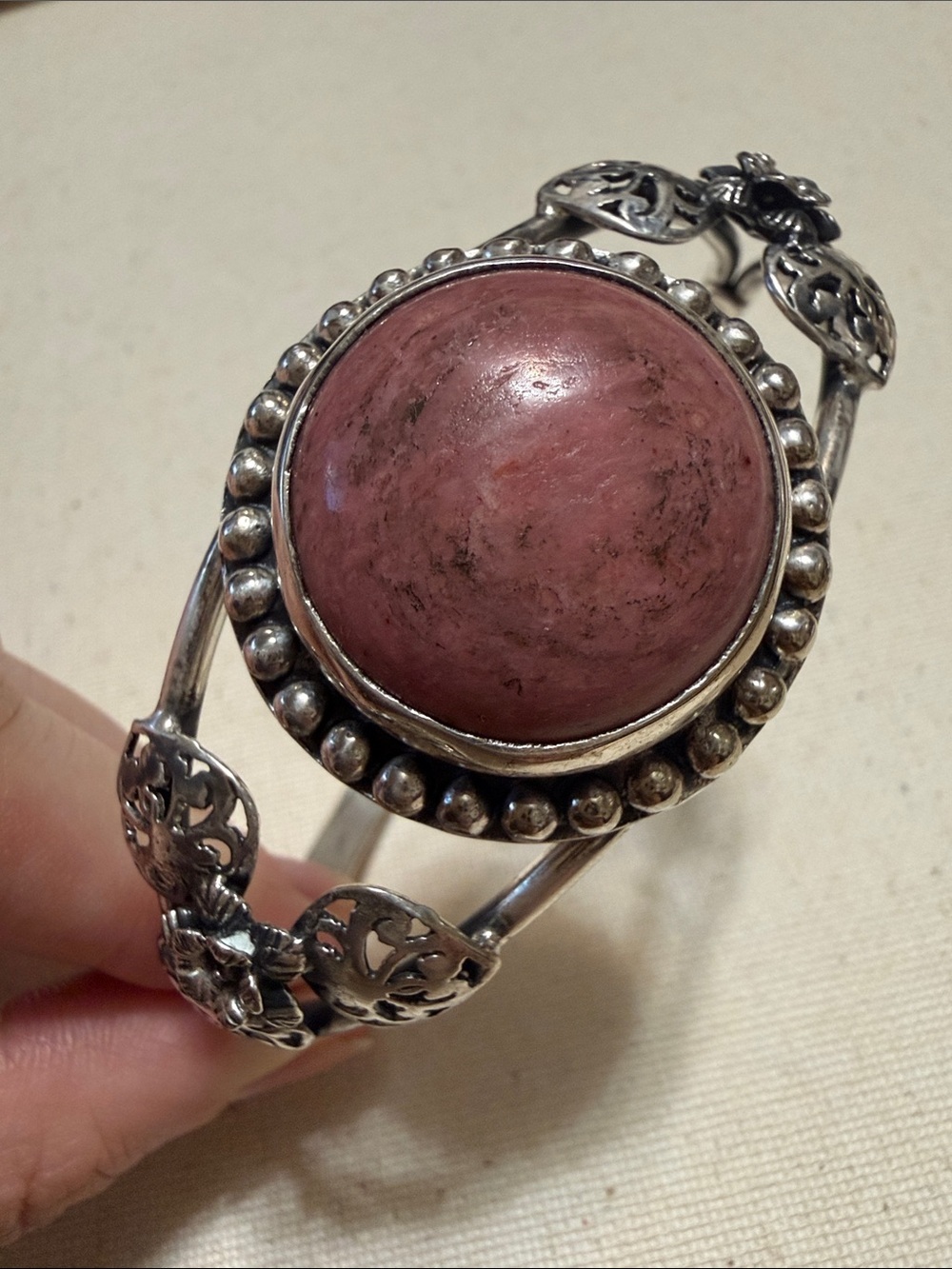 Elegant Antique Vintage Sterling Silver 925 Pink Stone Cuff Bracelet Rare Find
